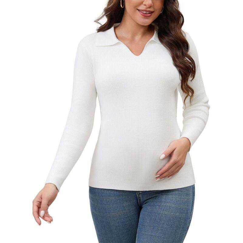 インスパイア シック レディース アウター ニット・セーター Vネック ダウン ブラウス マタニティ INSPIRE CHIC Women's Maternity Topsweater Long Sleeve Turndown V Neck Tunic Blouse Pregnancy Clothes White ホワイト|ReVida 店