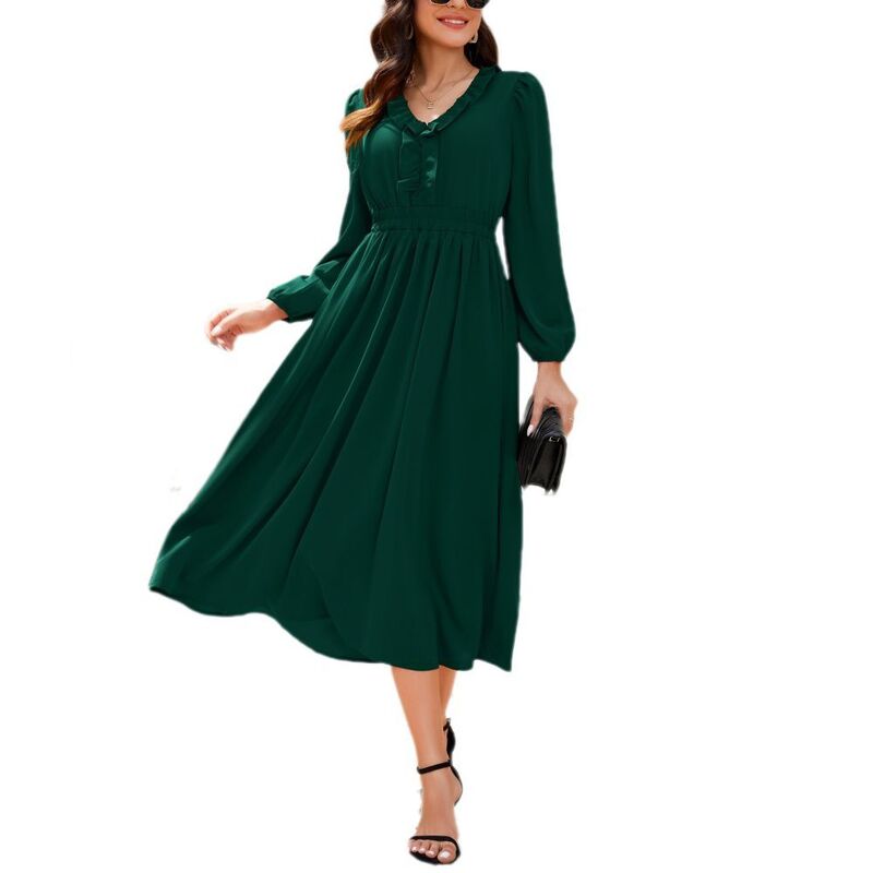 イエスファッション レディース トップス ワンピース Vネック ミディ マキシ Yesfashion Womens Long Sleeve Maxi Dress Fall Trendy Elegant V Neck Flowy Midi Holiday Party Long Dresses Dark Green グリーン｜ReVida 店