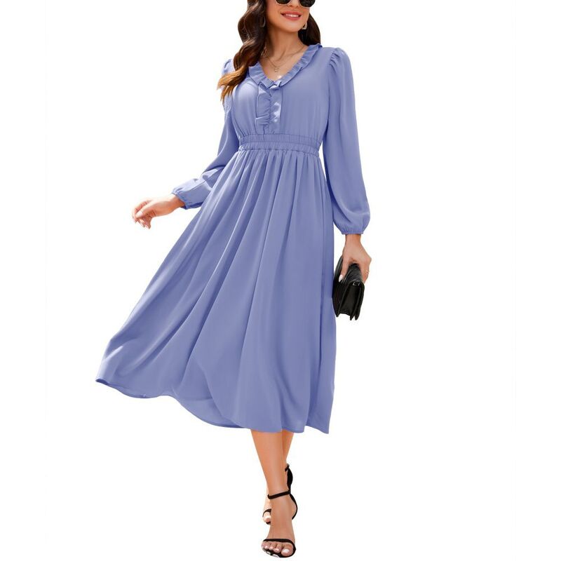 イエスファッション レディース トップス ワンピース Vネック ミディ マキシ Yesfashion Womens Long Sleeve Maxi Dress Fall Trendy Elegant V Neck Flowy Midi Holiday Party Long Dresses Gray Blue グレー｜ReVida 店