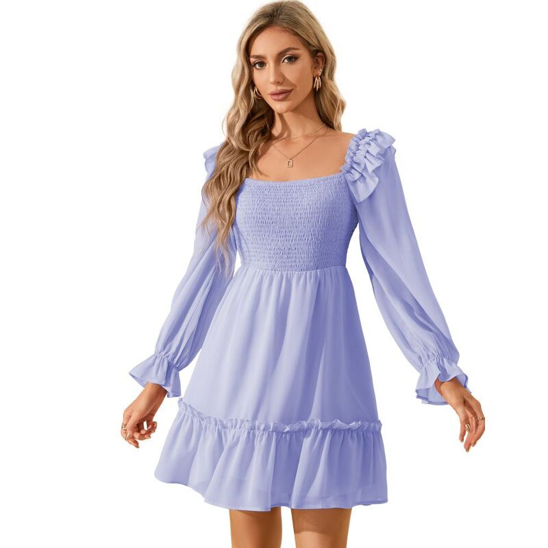 イエスファッション レディース トップス ワンピース ハイウエスト フリル ミニ シャーリング Yesfashion Women\'square Neck Lantern Long Sleeve Babydoll dress Ruffle Smocked High Waist Party Mini Dress Light Blue ブルー|ReVida 店
