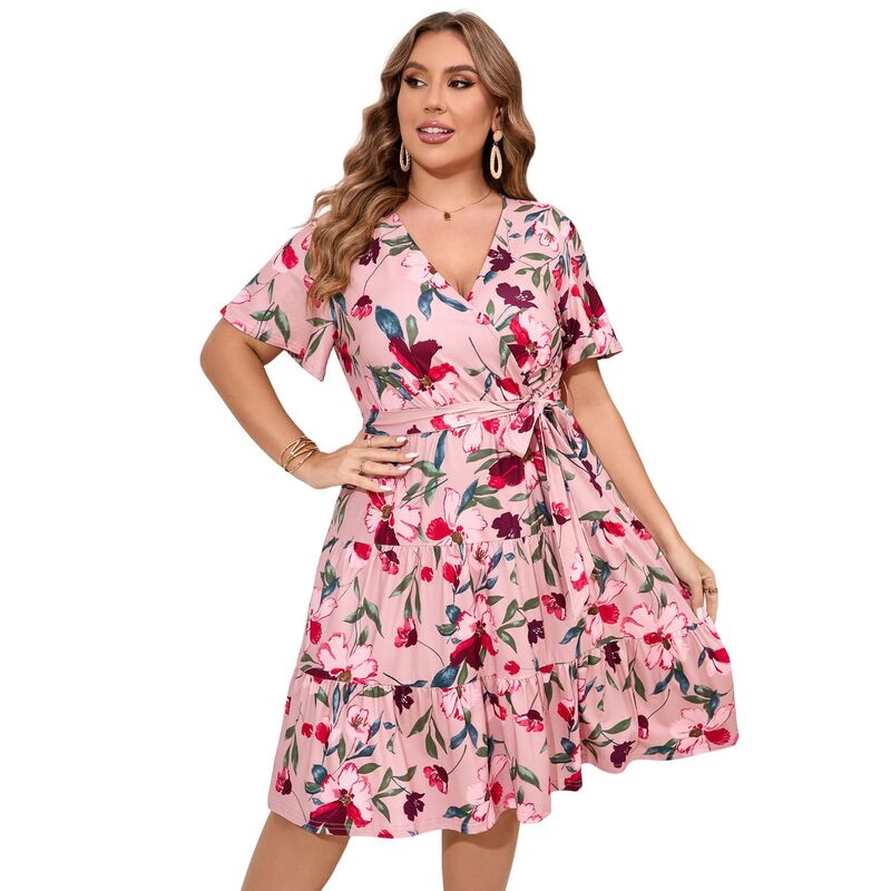 コジョイン レディース トップス ワンピース Vネック ハイウエスト プラスサイズ フリル ミディ Kojooin Women Plusize V Neck Wrap Dress High Waist Short Sleeve Ruffle Midi Dress with Belt Big Pink Flower ピンク｜ReVida 店