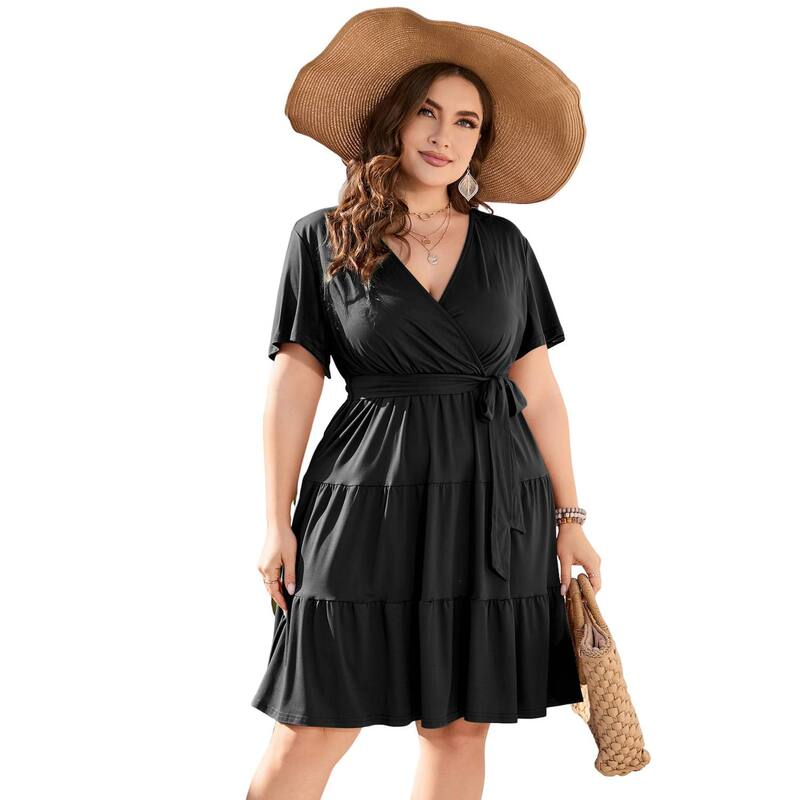 コジョイン レディース トップス ワンピース Vネック ハイウエスト プラスサイズ フリル ミディ Kojooin Women Plusize V Neck Wrap Dress High Waist Short Sleeve Ruffle Midi Dress with Belt Black ブラック｜ReVida 店