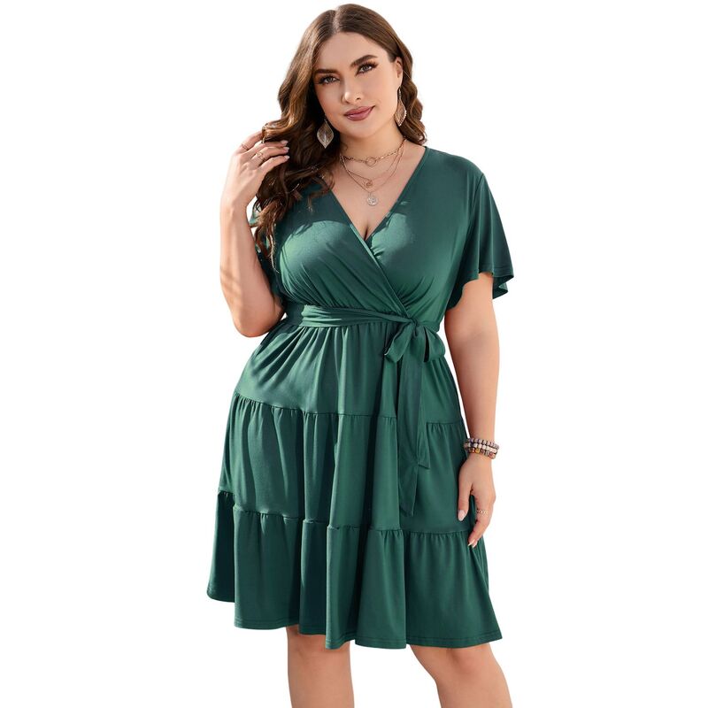 コジョイン レディース トップス ワンピース Vネック ハイウエスト プラスサイズ フリル ミディ Kojooin Women Plusize V Neck Wrap Dress High Waist Short Sleeve Ruffle Midi Dress with Belt Dark Green グリーン｜ReVida 店