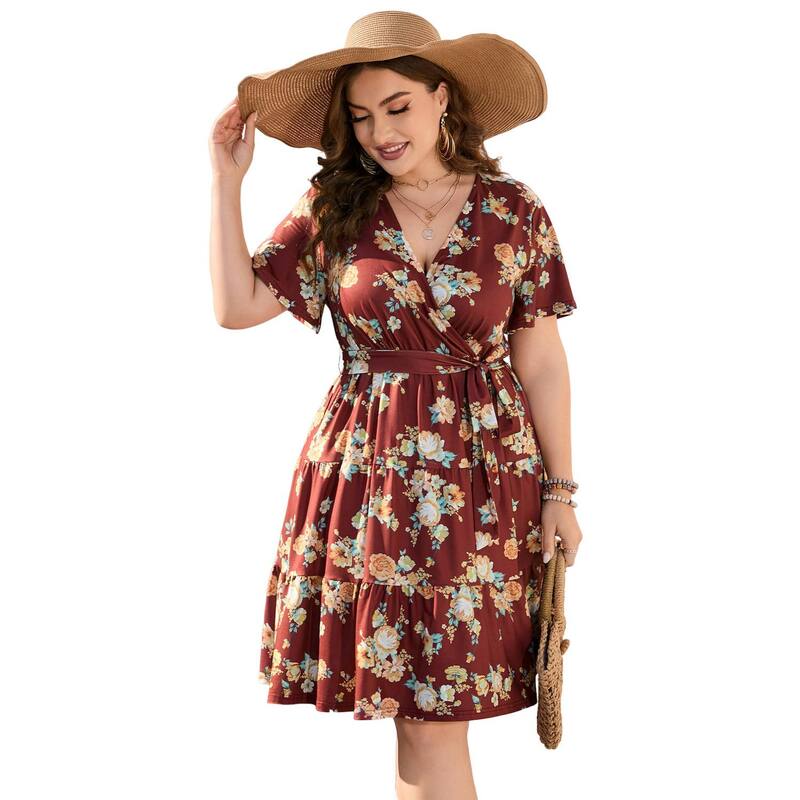 コジョイン レディース トップス ワンピース Vネック ハイウエスト プラスサイズ フリル ミディ Kojooin Women Plusize V Neck Wrap Dress High Waist Short Sleeve Ruffle Midi Dress with Belt Deep Wine Red レッド｜ReVida 店