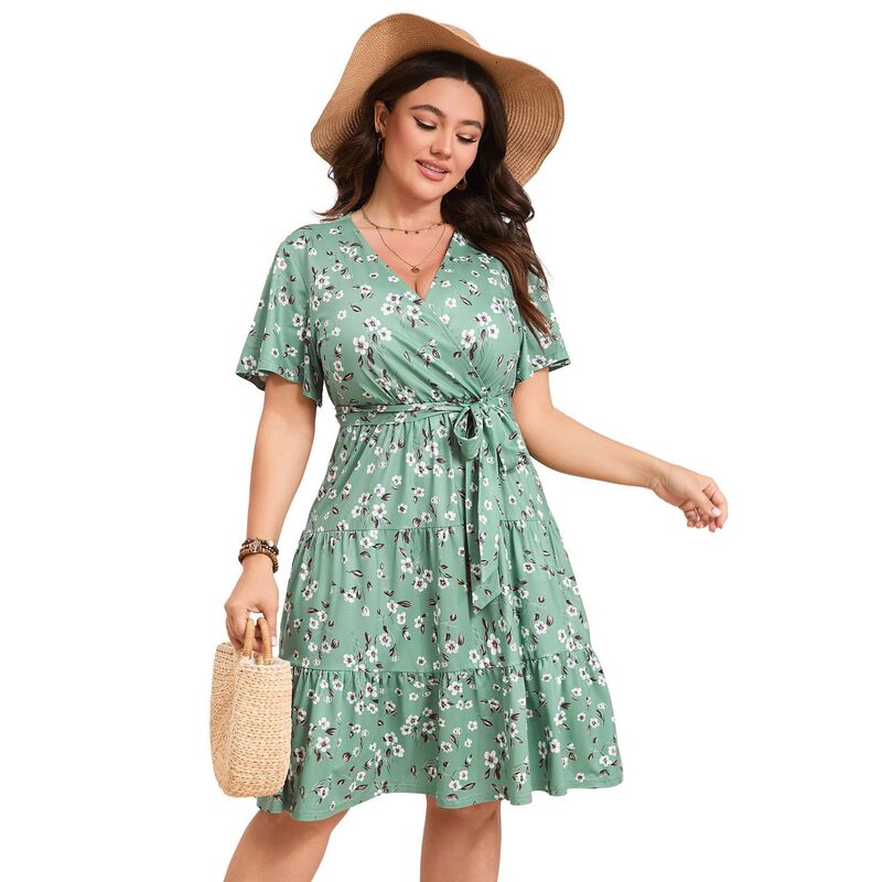 コジョイン レディース トップス ワンピース Vネック ハイウエスト プラスサイズ フリル ミディ Kojooin Women Plusize V Neck Wrap Dress High Waist Short Sleeve Ruffle Midi Dress with Belt Green Flower グリーン｜ReVida 店