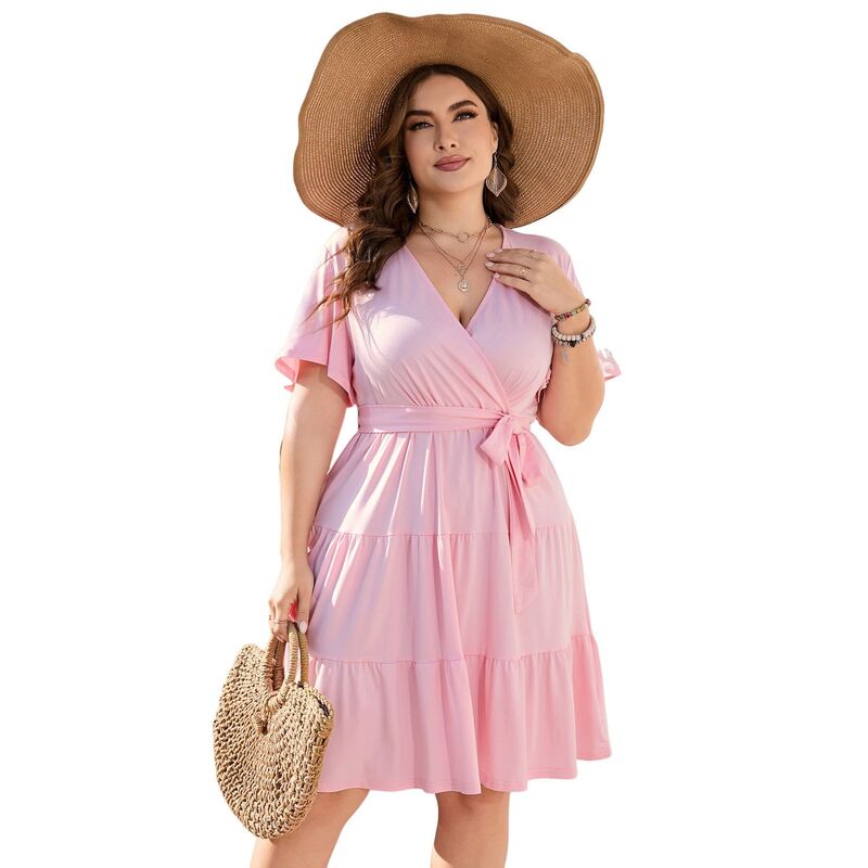 コジョイン レディース トップス ワンピース Vネック ハイウエスト プラスサイズ フリル ミディ Kojooin Women Plusize V Neck Wrap Dress High Waist Short Sleeve Ruffle Midi Dress with Belt Pink ピンク｜ReVida 店