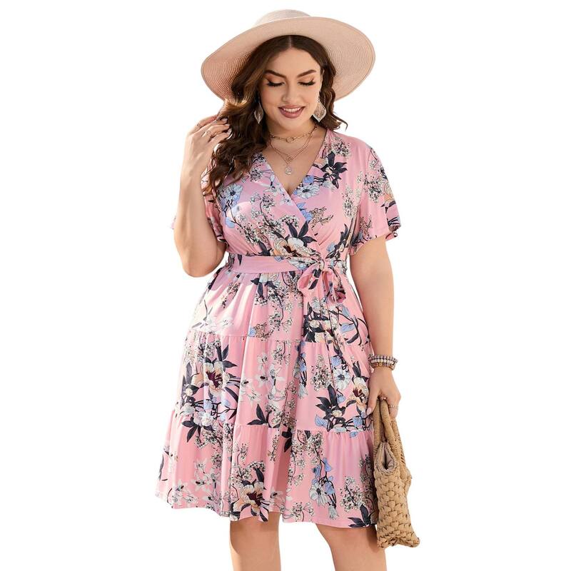 コジョイン レディース トップス ワンピース Vネック ハイウエスト プラスサイズ フリル ミディ Kojooin Women Plusize V Neck Wrap Dress High Waist Short Sleeve Ruffle Midi Dress with Belt Pink Big Floral ピンク｜ReVida 店