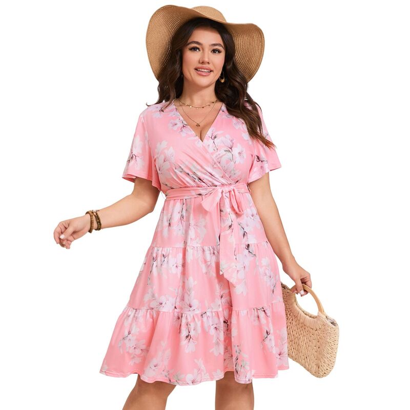 コジョイン レディース トップス ワンピース Vネック ハイウエスト プラスサイズ フリル ミディ Kojooin Women Plusize V Neck Wrap Dress High Waist Short Sleeve Ruffle Midi Dress with Belt Pink Lily Flower ピンク｜ReVida 店
