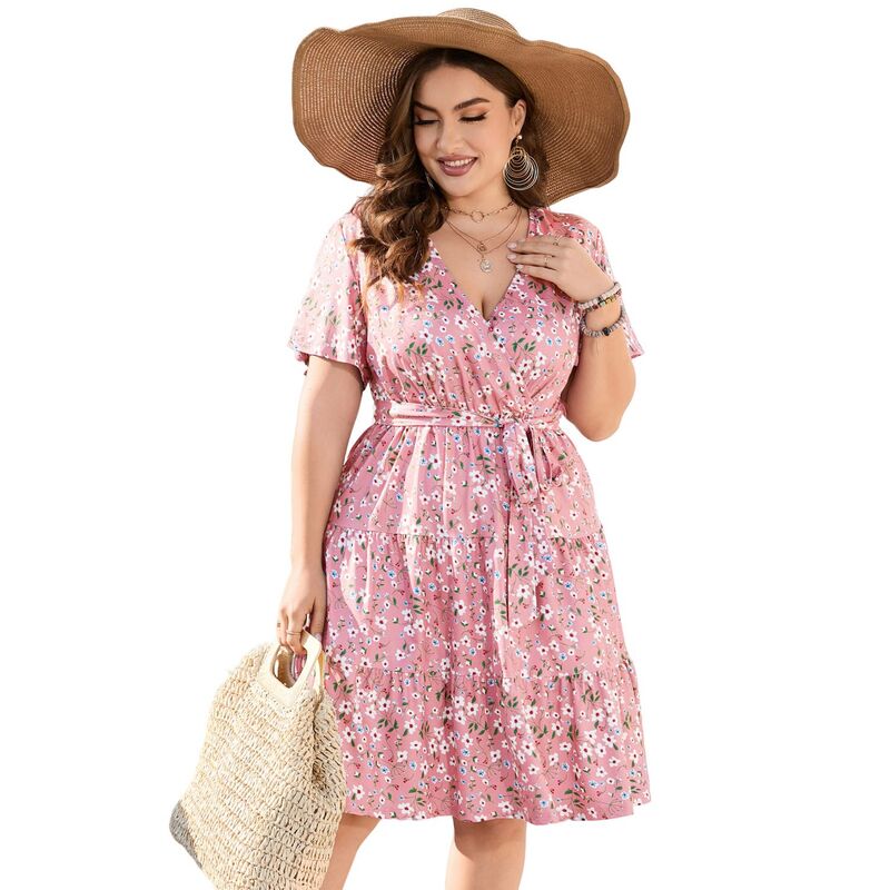 コジョイン レディース トップス ワンピース Vネック ハイウエスト プラスサイズ フリル ミディ Kojooin Women Plusize V Neck Wrap Dress High Waist Short Sleeve Ruffle Midi Dress with Belt Pink Small Floral ピンク｜ReVida 店