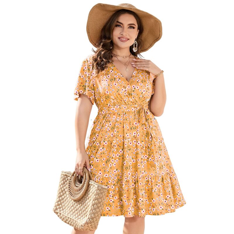コジョイン レディース トップス ワンピース Vネック ハイウエスト プラスサイズ フリル ミディ Kojooin Women Plusize V Neck Wrap Dress High Waist Short Sleeve Ruffle Midi Dress with Belt Yellow Print イエロー｜ReVida 店