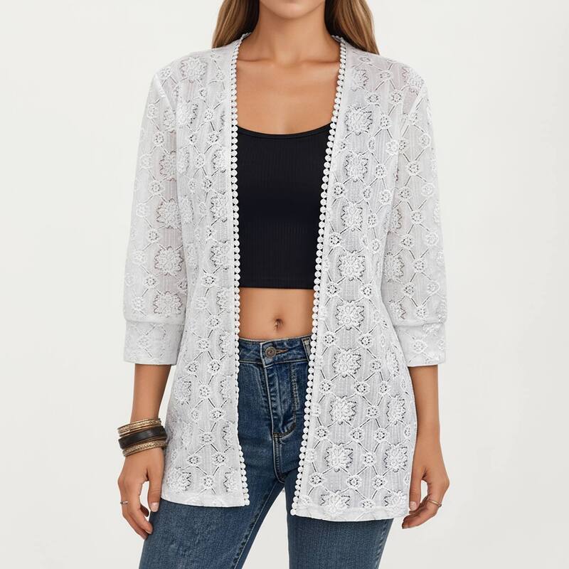 アンナカシ レディース アウター ニット・セーター フラワー柄 カーディガン レース フラワー Anna-Kaci Women's 3/4 Sleeve Open Front Lace Kimono Cardigan with Floral Crochet Detailing White ホワイト｜ReVida 店