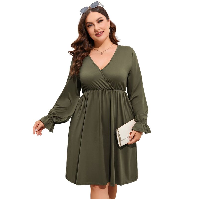 セオリア レディース トップス ワンピース Vネック プラスサイズ マキシ Seoria Women\'s Plusize V-Neck Long Sleeve Dress with Pockets Casual Flowy Maxi Dress for Everyday Wearmy Green グリーン｜ReVida 店
