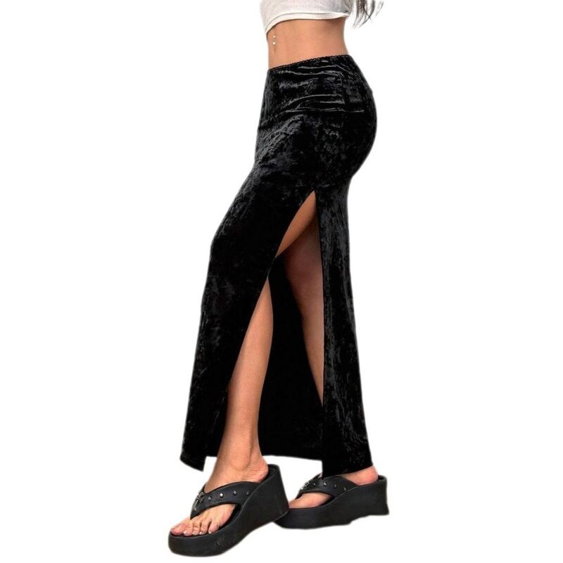 イエスファッション レディース ボトムスカート A ライン ハイウエスト ミディ Yesfashion Womens High Waist Velet Midi Skirt Elastic Waist A Line Skirt with Slit Black ブラック|ReVida 店