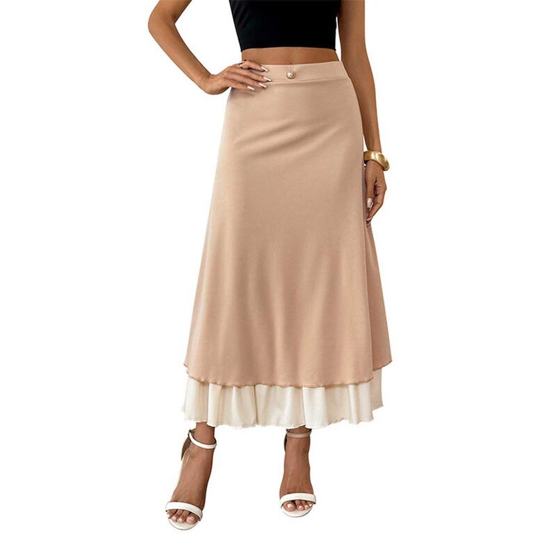 クリアフラワー レディース ボトムスカート A ライン ミディ ClearFlower Women's Button-Accent Layered Midi Skirt High Waistedouble-Layered A-Line Skirt Khaki カーキ｜ReVida 店