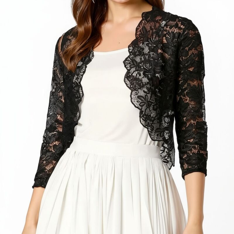 アンナカシ レディース アウター ニット・セーター フラワー柄 カーディガン クロップド レース フラワー Anna-Kaci Women's Floralace Cropped Cardigan with 3/4 Sleeves and Scalloped Trim Black ブラック｜ReVida 店