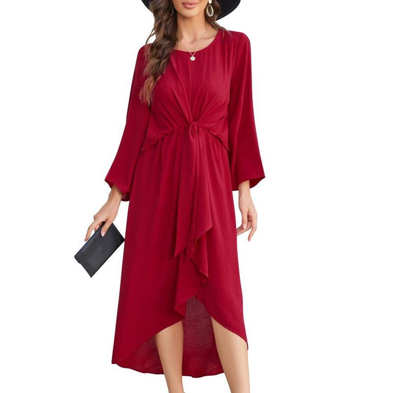 イエスファッション レディース トップス ワンピース A ライン ギャザー ミディ Yesfashion Women's Long Sleeve Ruched Waist Flowy A Line High Low Elegant Midi Cocktail Party Dress Wine Red レッド|ReVida 店