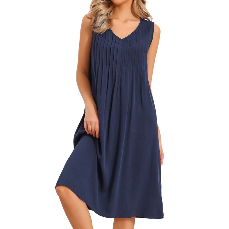 インスパイア シック レディース トップス ワンピース Vネック プリーツ ミディ ノースリーブ INSPIRE CHIC Pleatedress for Women\'s Casual Sleeveless Midi Swing Sundress V Neck Tank Dresses Navy Blue ネイビー|ReVida 店