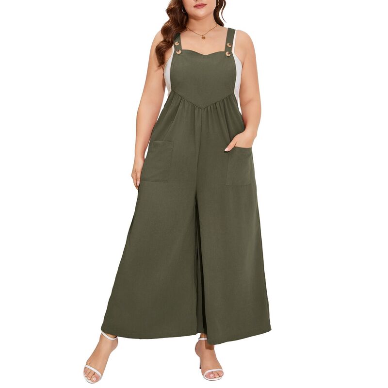 セオリア レディース ボトムス カジュアルパンツ ワイドレッグ プラスサイズ オーバーオール Seoria Women's Plusize Overalls Wide Leg Adjustable Spaghetti Strap Stretchy Long Pants with Pockets Army Green グリーン｜ReVida 店