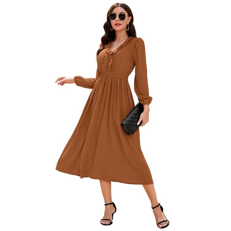 ミスキー レディース トップス ワンピース Vネック ハイウエスト プリーツ フリル マキシ MISSKY Women\'s Ruffle Trim V Neck Long Sleeve Solid Bohemian Casual High Waist Pleated Maxi Party Dress Brown ブラウン｜ReVida 店