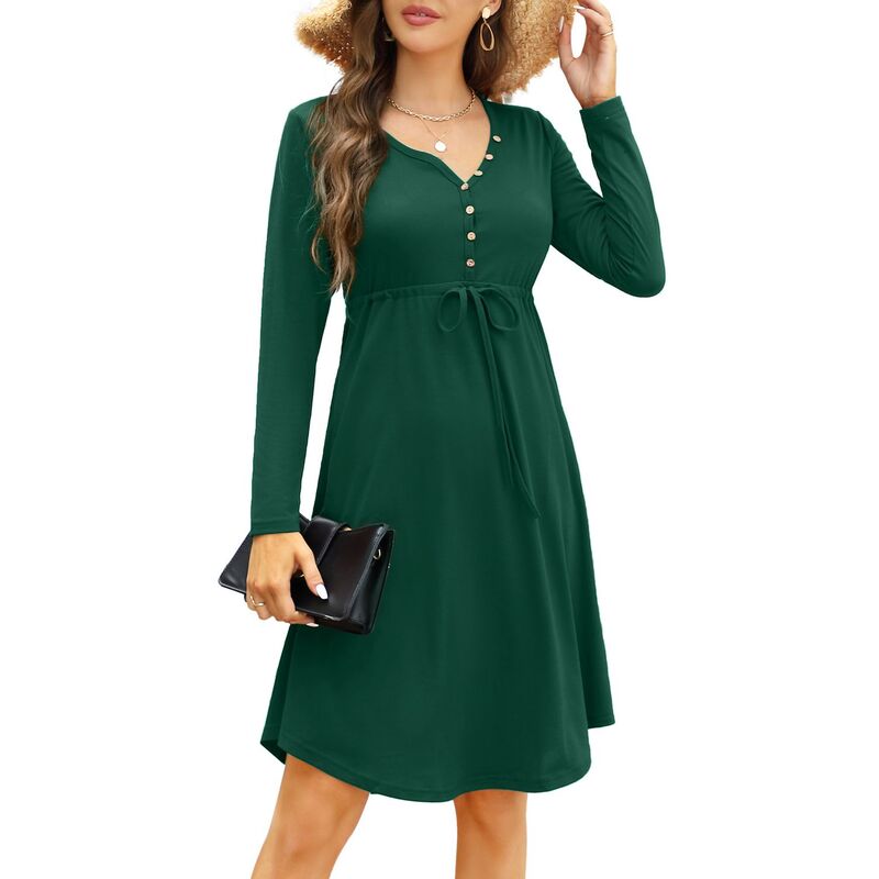 コジョイン レディース トップス 衣裳 V首っ玉 midi Kojooin Women ’ s Long Sleeve Casual Dress V Neck Drawstring Irregular Hem Tunic Shift Midi Dress Green 緑であること