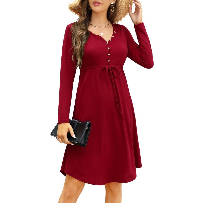 コジョイン レディース トップス ワンピース Vネック ミディ Kojooin Women &rsquo; s Long Sleeve Casual Dress V Neck Drawstring Irregular Hem Tunic Shift Midi Dress Wind Red レッド｜ReVida 店