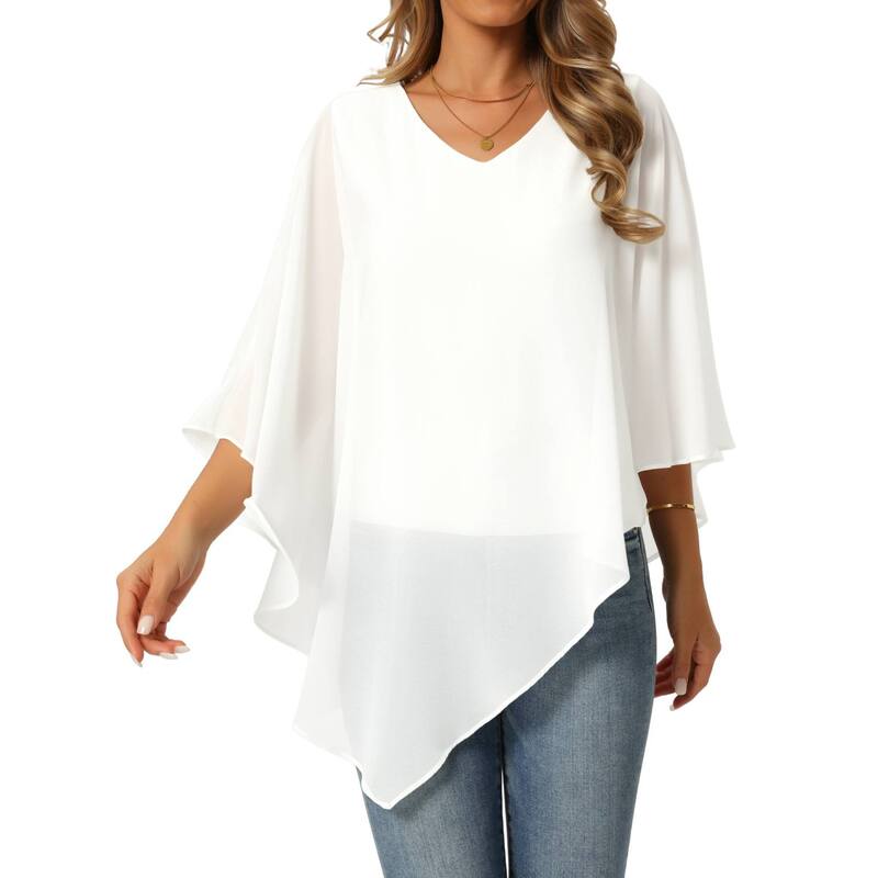 【送料無料】 インスパイア シック レディース シャツ トップス Women's Overlay Cape Top V Neck Flowy Chiffon Blouse Dressy Casual Asymmetrical Shirt 3/4Sleeve Tops White|ReVida 店