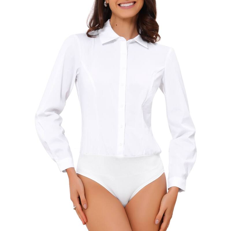 インスパイア シック レディース トップス シャツ ボタンダウン ボディースーツ INSPIRE CHIC Women's Button Down Shirt Bodysuit Long Sleeve Leotard Shirts Business Work Collared Bodysuits Top White ホワイト|ReVida 店