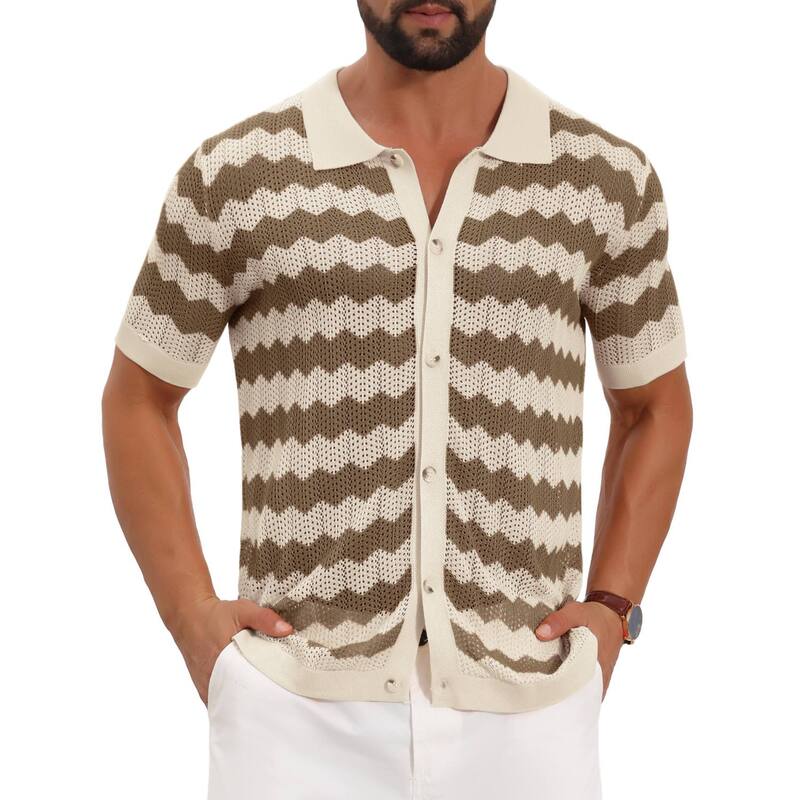 インスパイア シック レディース トップス Tシャツ ボタンダウン ニット INSPIRE CHIC Men's Wave Crochet Shirts Hollow Out Short Sleeve Button Down Striped Knit Shirts Brown ブラウン｜ReVida 店