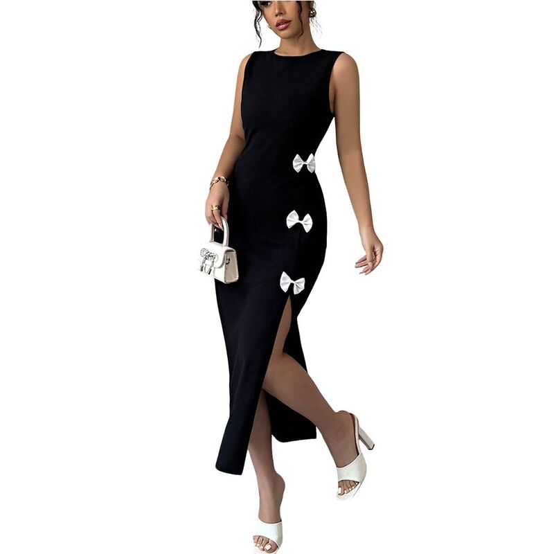 クリアフラワー レディース トップス ワンピース サイドスリット ミディ ノースリーブ ClearFlower Women\'sleeveless Midi Dress Bow Accentside Slit Bodycon Party Dress Black ブラック|ReVida 店