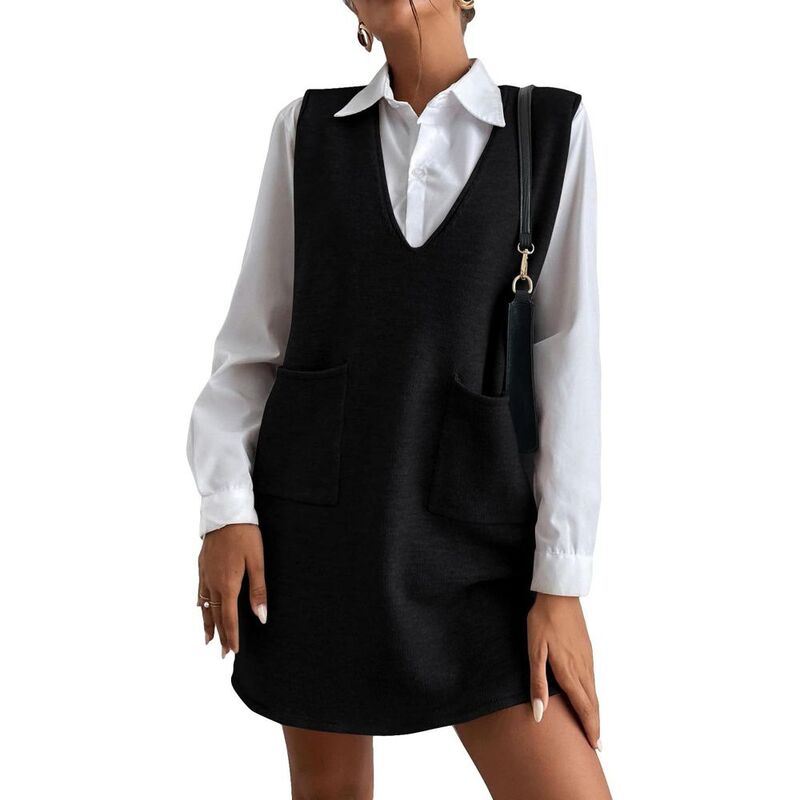 イエスファッション レディース トップス ワンピース Vネック ベスト セーター ノースリーブ ニット Yesfashion Women's Oversize Vest Sweater Dress Causal Sleeveless V Necknit Short Sweater Dress with Pockets Black ブラック｜ReVida 店 9,734円