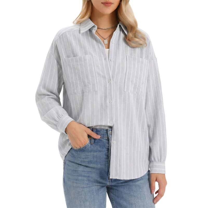 インスパイア シック レディース トップス シャツ ボタンダウン ブラウス INSPIRE CHIC Striped Button Down Shirt for Women Long Sleeve Casual Collared Work Blouses Tops Light Grey グレー｜ReVida 店