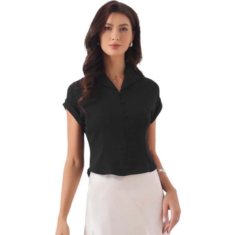 インスパイア シック レディース トップス シャツ キャップ ブラウス INSPIRE CHIC Dressy Top for Women's Lapel Collar Office Cap Sleeve Button Lightweight Work Blouse Black ブラック｜ReVida 店