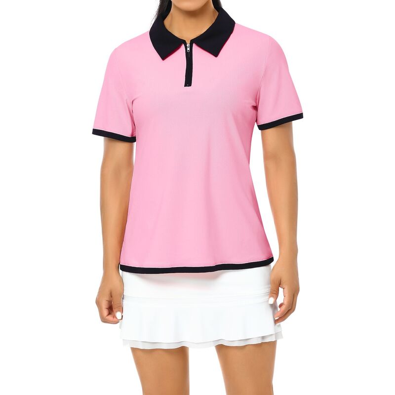 エリートスピリット レディース トップス Tシャツ ポロシャツ EliteSpirit Women Golf Top Short Sleeve Zip Up Collared Polo Shirts Pink ピンク|ReVida 店