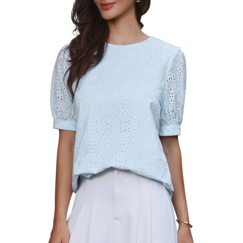 インスパイア シック レディース トップス シャツ クルーネック INSPIRE CHIC Summer Tops for Women's Puffy Short Sleeve Crew Neck Hollow Out Shirts Loose Tunic Tops Light Blue ブルー｜ReVida 店 9,475円