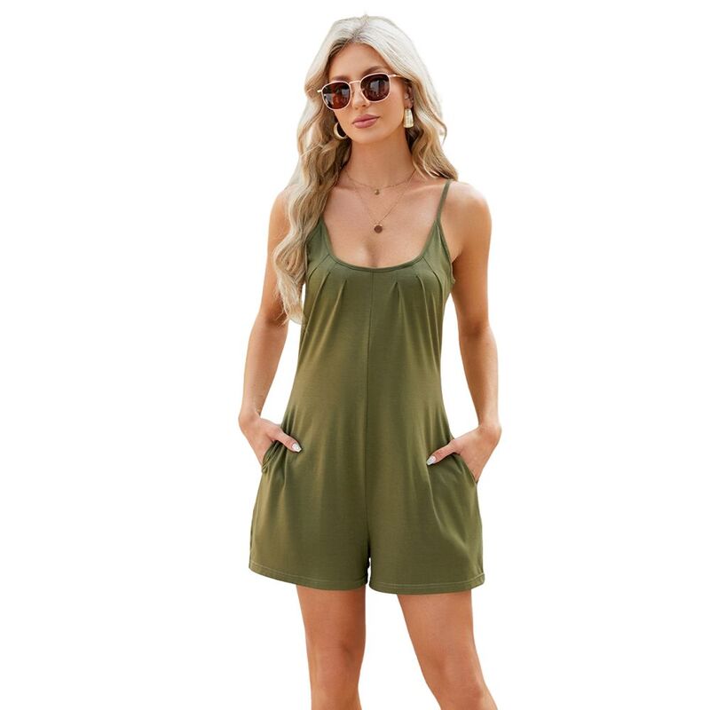 ジョイジョイ レディース トップス 衣裳 ギャザー 遊撃手ズボン下 飛び降りる背広 JoyJoy Women\u0027s Casual Spaghetti Strap Jumpsuit Shorts Chest Ruchedetail Side Pockets Fashion Shorts Army Green 緑であること
