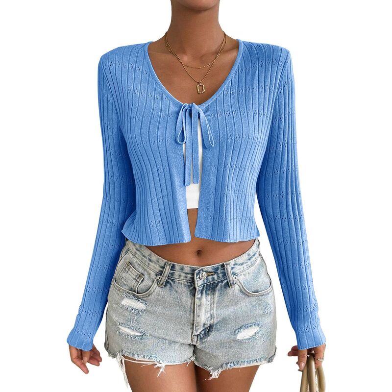 セオリア レディース アウター ニット・セーター カーディガン クロップド Seoria Women's Long Sleeve Knit Cropped Cardigan Tie Up Shrug Top Bright Blue ブルー｜ReVida 店