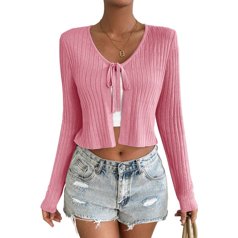 セオリア レディース アウター ニット・セーター カーディガン クロップド Seoria Women's Long Sleeve Knit Cropped Cardigan Tie Up Shrug Top Dark Pink ピンク｜ReVida 店