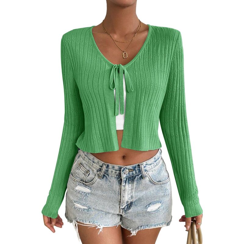 セオリア レディース アウター ニット・セーター カーディガン クロップド Seoria Women's Long Sleeve Knit Cropped Cardigan Tie Up Shrug Top Green グリーン|ReVida 店