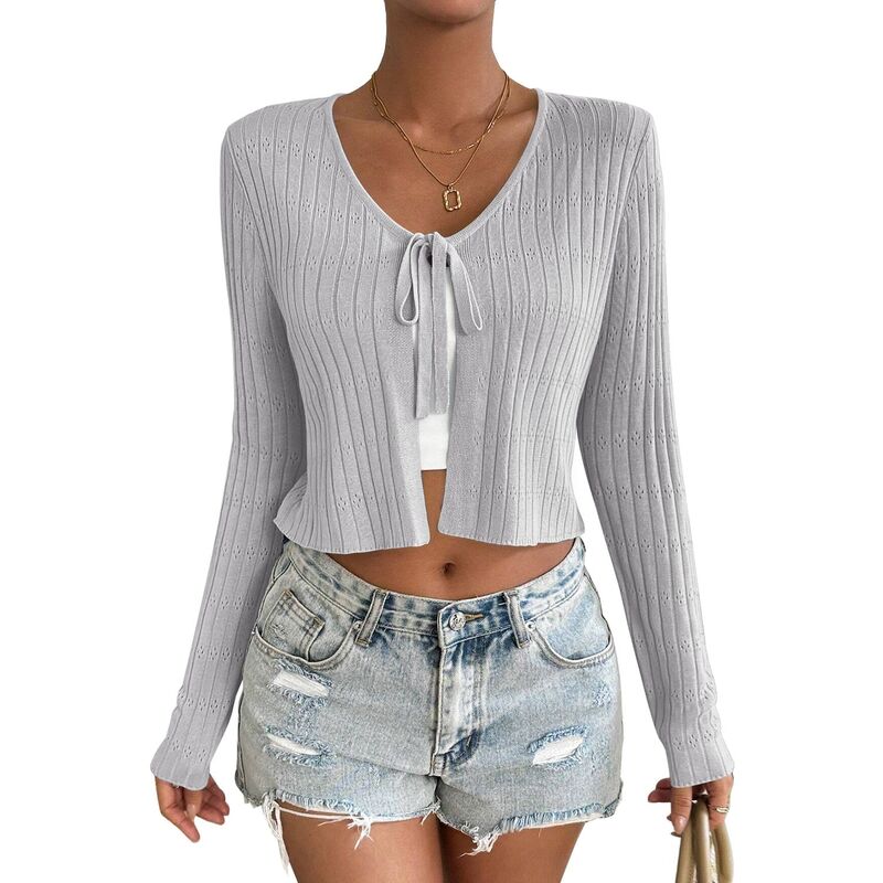 セオリア レディース アウター ニット・セーター カーディガン クロップド Seoria Women's Long Sleeve Knit Cropped Cardigan Tie Up Shrug Top Light Grey グレー|ReVida 店