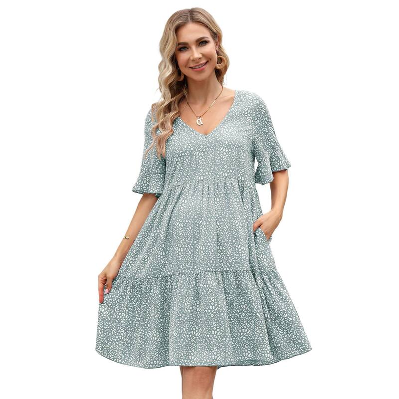 セオリア レディース トップス 衣裳 V首っ玉 御花柄 フラウンス マタニティ 御花 Seoria Maternity Floral V Neck Ruffle Sleeve Loose Fit Dress Green Floral 緑であること