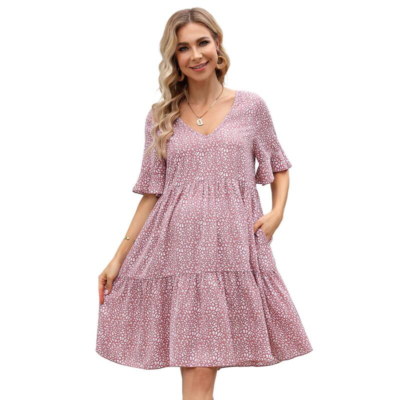 セオリア レディース トップス 衣裳 V首っ玉 御花柄 フラウンス マタニティ 御花 Seoria Maternity Floral V Neck Ruffle Sleeve Loose Fit Dress Pink サクラ色