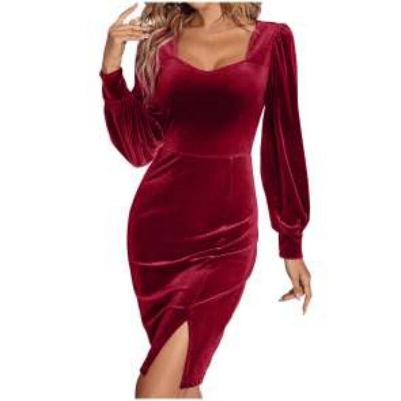 イエスファッション レディース トップス ワンピース サイドスリット ミディ ベルベット Yesfashion Womens Velvet Long Lantern Sleeve Dressquare Neck Side Slit Cocktail Bodycon Elegant Midi Dress Wine Red レッド｜ReVida 店