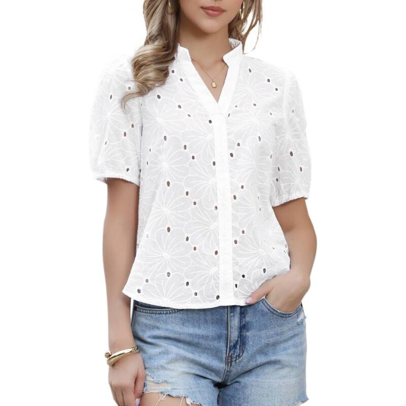 インスパイア シック レディース トップス シャツ Vネック INSPIRE CHIC Short Sleeve Summer Tops for Women Casual V Neck Hollow Out Eyeletop Shirts White ホワイト｜ReVida 店