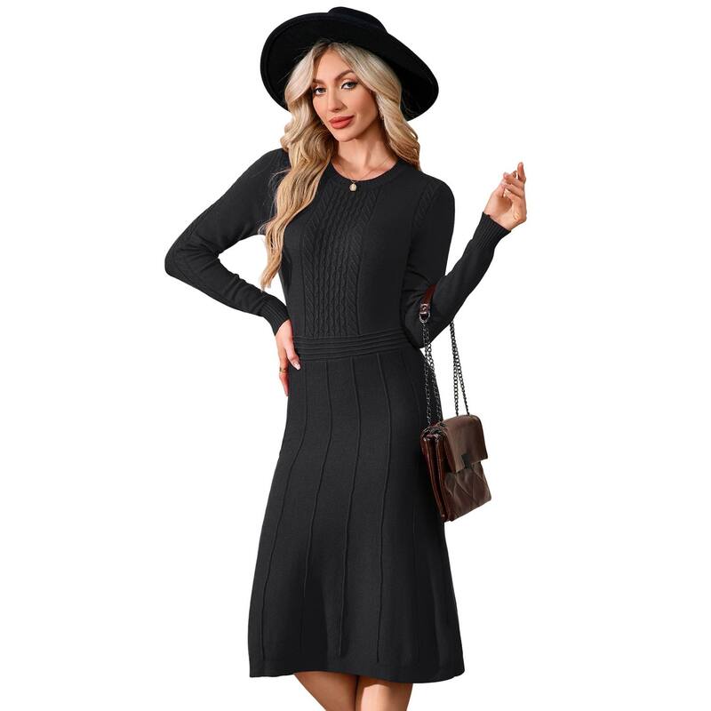 セオリア レディース トップス ワンピース クルーネック リブ ミディ セーター ニット Seoria Womens Long Sleeve Casual Dress Fall Ribbed Knit Sweater Crewneck Midi Weddinguest Dresses Black ブラック|ReVida 店