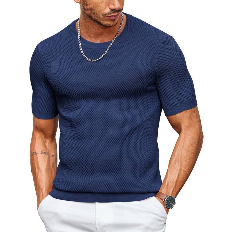 クーファンディ レディース アウター ニット・セーター クルーネック シャツ COOFANDY Mens Dress T Shirtshort Sleeve Knit Shirt Casual Summer Shirt Crewneck Tshirts Navy Blue ネイビー｜ReVida 店
