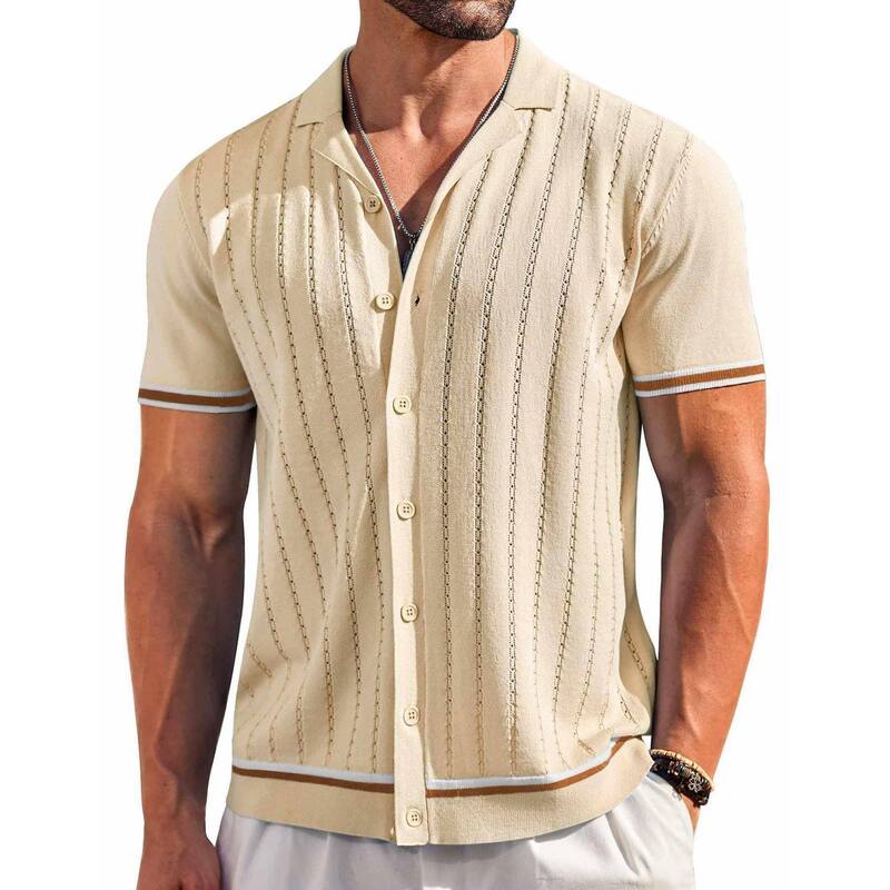 クーファンディ レディース トップス Tシャツ ヴィンテージ ニット COOFANDY Mens Button Up Short Sleeve Knit Shirt Resort Wear for Men Vintage Old Money Shirt Beige ベージュ｜ReVida 店