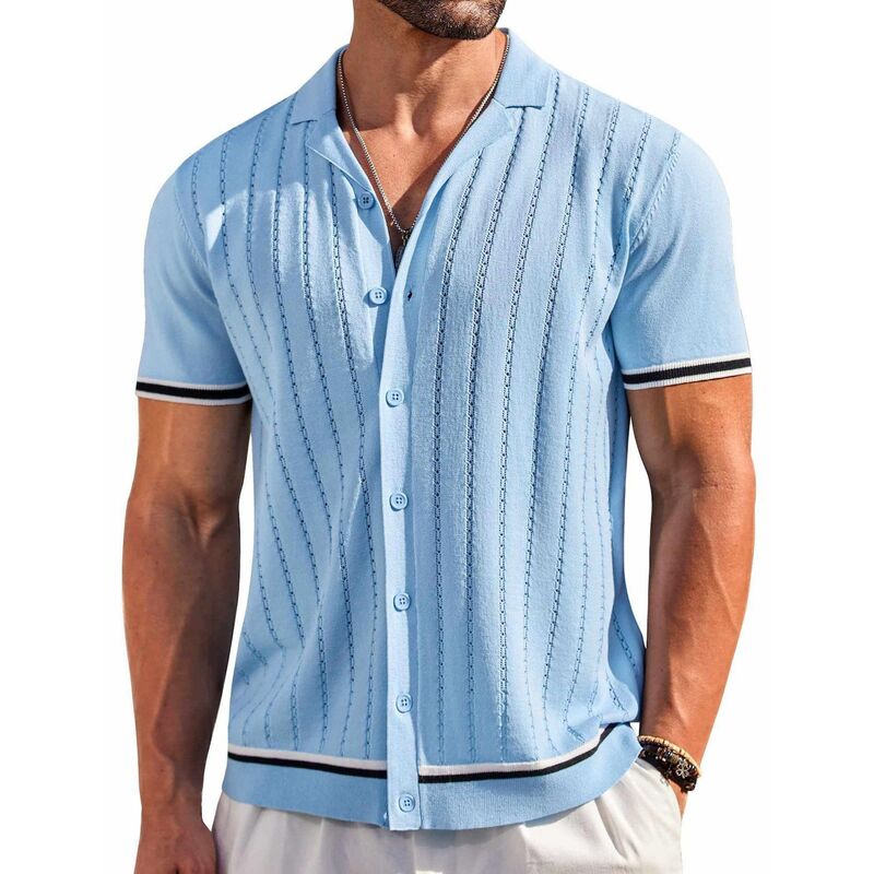 クーファンディ レディース トップス Tシャツ ヴィンテージ ニット COOFANDY Mens Button Up Short Sleeve Knit Shirt Resort Wear for Men Vintage Old Money Shirt Clear Blue ブルー｜ReVida 店