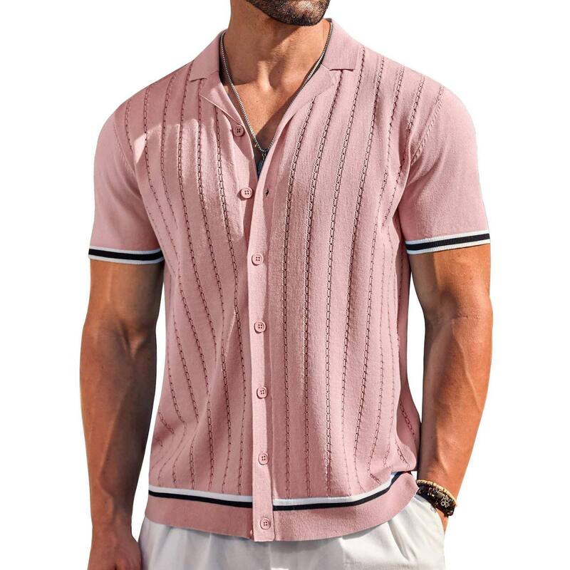 クーファンディ レディース トップス Tシャツ ヴィンテージ ニット COOFANDY Mens Button Up Short Sleeve Knit Shirt Resort Wear for Men Vintage Old Money Shirt Light Pink ピンク｜ReVida 店