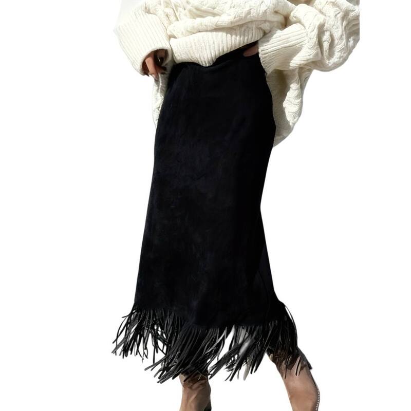 イエスファッション レディース ボトムスカート ミディ スエード フリンジ Yesfashion Women's Fringe Trim Faux Suede Skirt High Waisted Pencil Dressy Midi Long Skirt Black ブラック|ReVida 店
