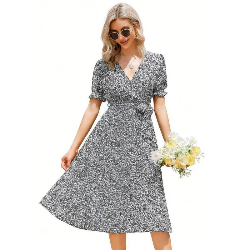 イエスファッション レディース トップス ワンピース Vネック A ライン フラワー柄 プリーツ ミディ フラワー Yesfashion Womens Floral Wrap V-Neck Midi Dresshort Sleeve Tie Waist Pleated Hem A-Line Boho Summer Dress Black Flower ブラック|ReVida 店